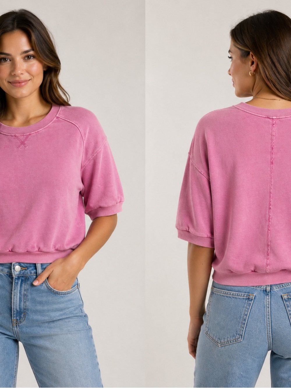 Pilcro Pink Knit Short Sleeve Crew Neck Sweatshirt Ribbed Trim Exposed Seam Sz S